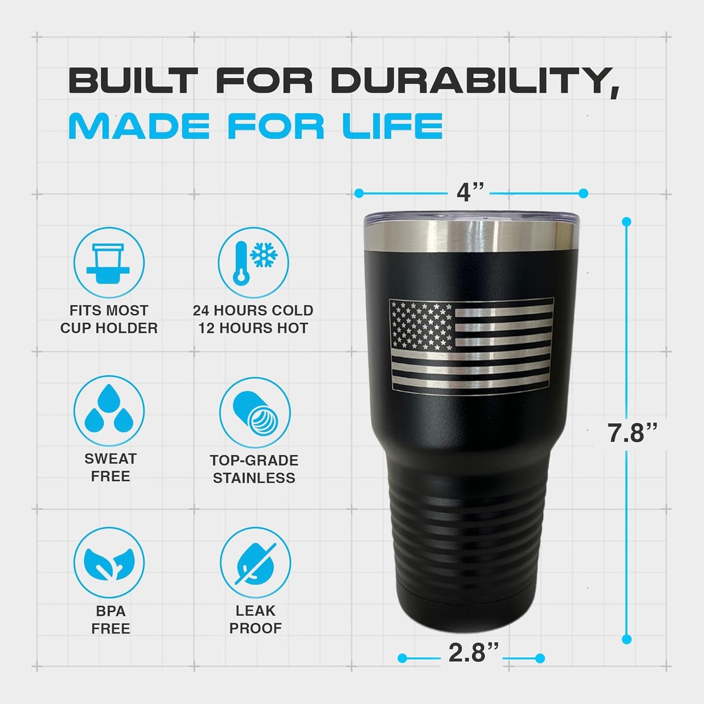 United States of America Flag Travel Mug for Men & Women, Polar Camel Black Vacuum Insulated Stainless Steel Tumbler with Clear Lid, Stainless Steel Straw, and Straw Cleaner (30 Oz)