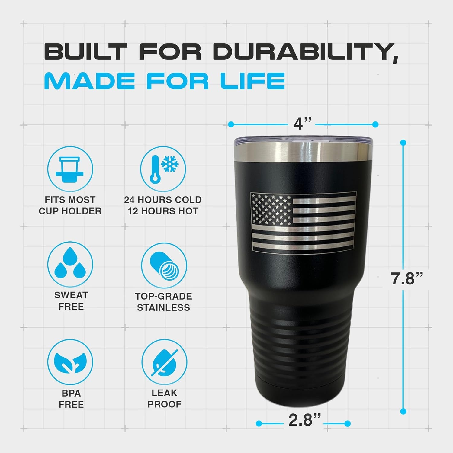 United States of America Flag Travel Mug for Men & Women, Polar Camel Black Vacuum Insulated Stainless Steel Tumbler with Clear Lid, Stainless Steel Straw, and Straw Cleaner (30 Oz)