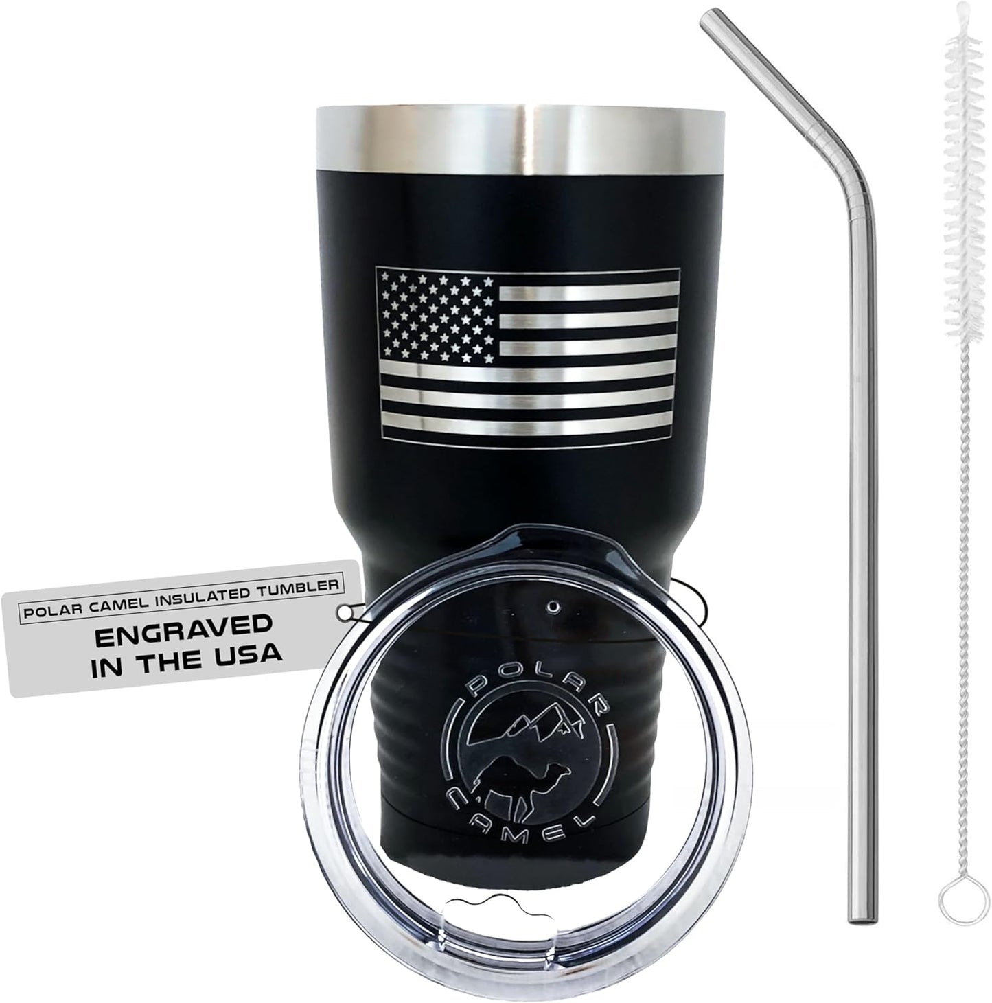 United States of America Flag Travel Mug for Men & Women, Polar Camel Black Vacuum Insulated Stainless Steel Tumbler with Clear Lid, Stainless Steel Straw, and Straw Cleaner (30 Oz)