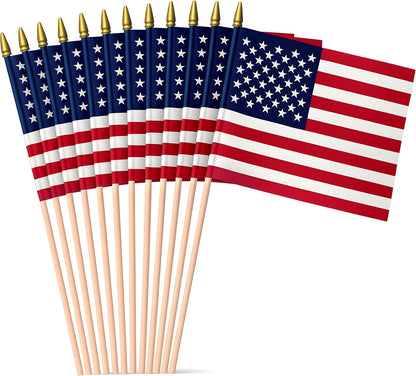 American Flag | 1X1.5 FT Outdoor USA Flag | 30" Durable Wooden Stick with Spear Tip & Stars | 12X18 in Heavy Duty Most Durable Cotton US Stick Flag | Made in USA | 12 Pack