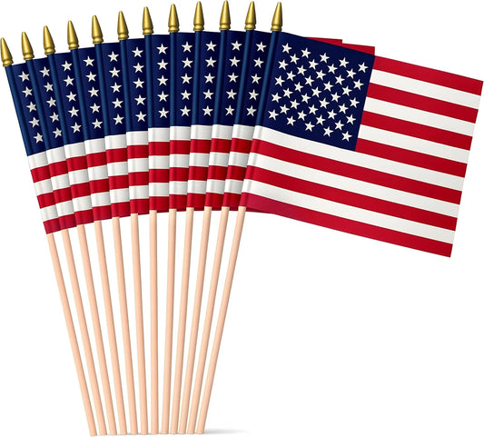 American Flag | 1X1.5 FT Outdoor USA Flag | 30" Durable Wooden Stick with Spear Tip & Stars | 12X18 in Heavy Duty Most Durable Cotton US Stick Flag | Made in USA | 12 Pack