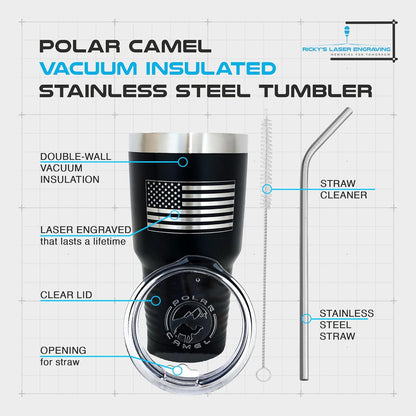 United States of America Flag Travel Mug for Men & Women, Polar Camel Black Vacuum Insulated Stainless Steel Tumbler with Clear Lid, Stainless Steel Straw, and Straw Cleaner (30 Oz)