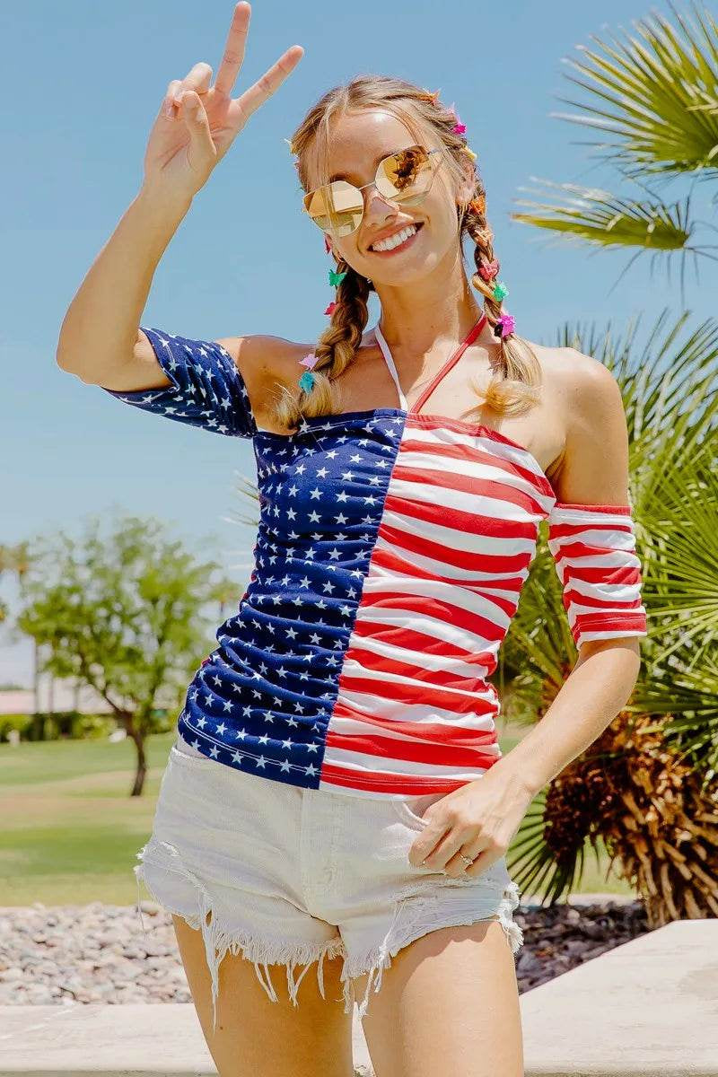 Bibi American Flag off Shoulder with Front Ruched Top