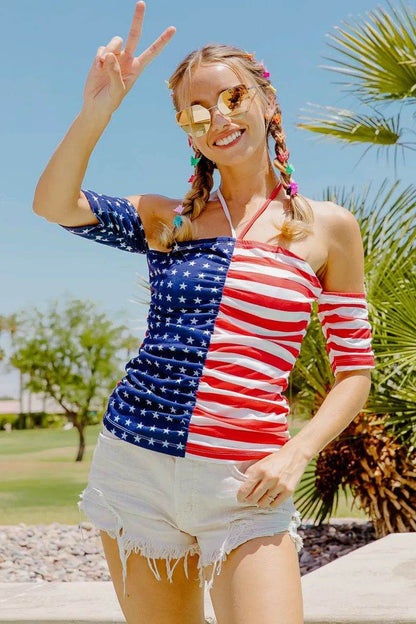 Bibi American Flag off Shoulder with Front Ruched Top