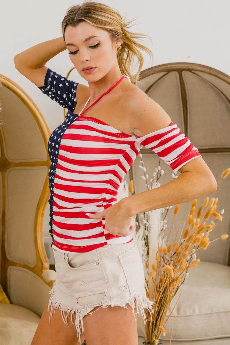 Bibi American Flag off Shoulder with Front Ruched Top