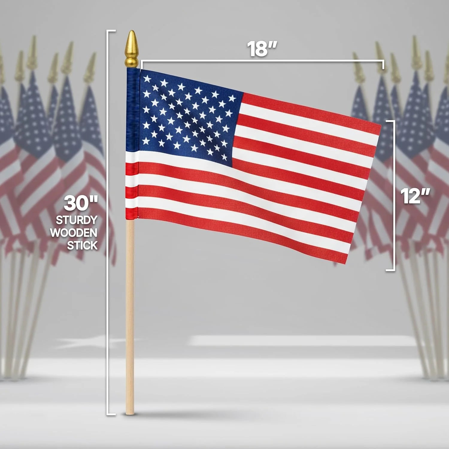 American Flag | 1X1.5 FT Outdoor USA Flag | 30" Durable Wooden Stick with Spear Tip & Stars | 12X18 in Heavy Duty Most Durable Cotton US Stick Flag | Made in USA | 12 Pack